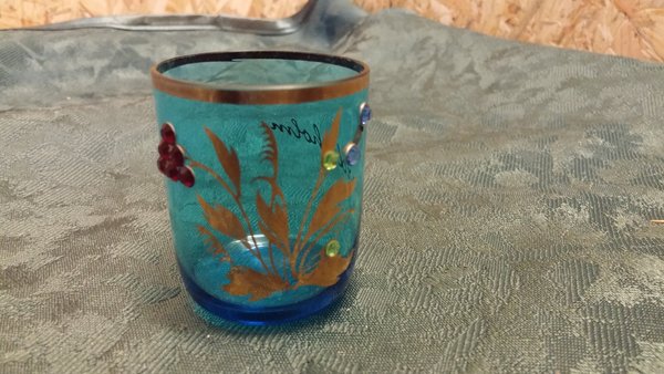 Altes blaus Schnapsglas als Andenkenglas aus Bordsholm