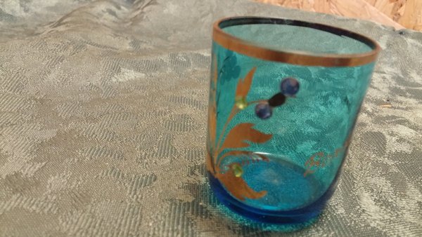 Altes blaus Schnapsglas als Andenkenglas aus Bordsholm